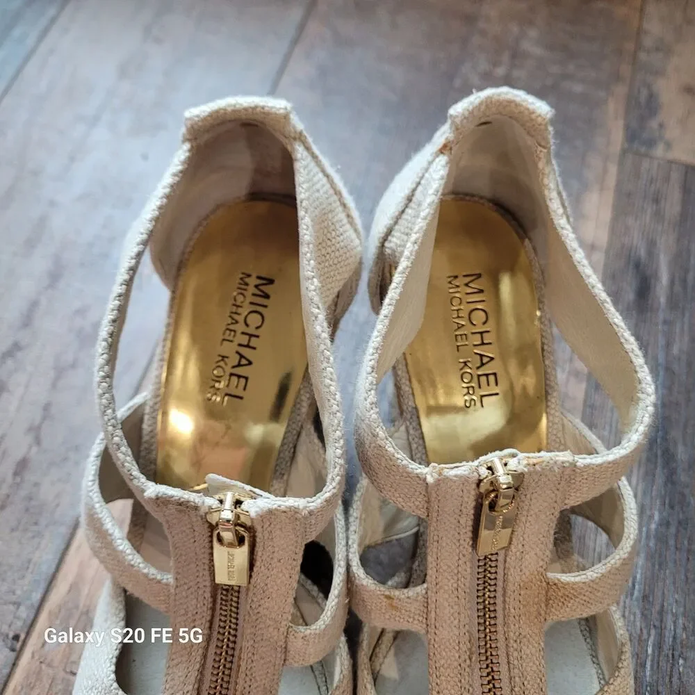 Michael Kors Wedge Sandals – Neutral Linen Fabric 7.5 SB9